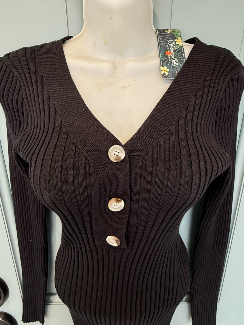 Black Ribbed Long-Sleeve V-Neck Button Dress -